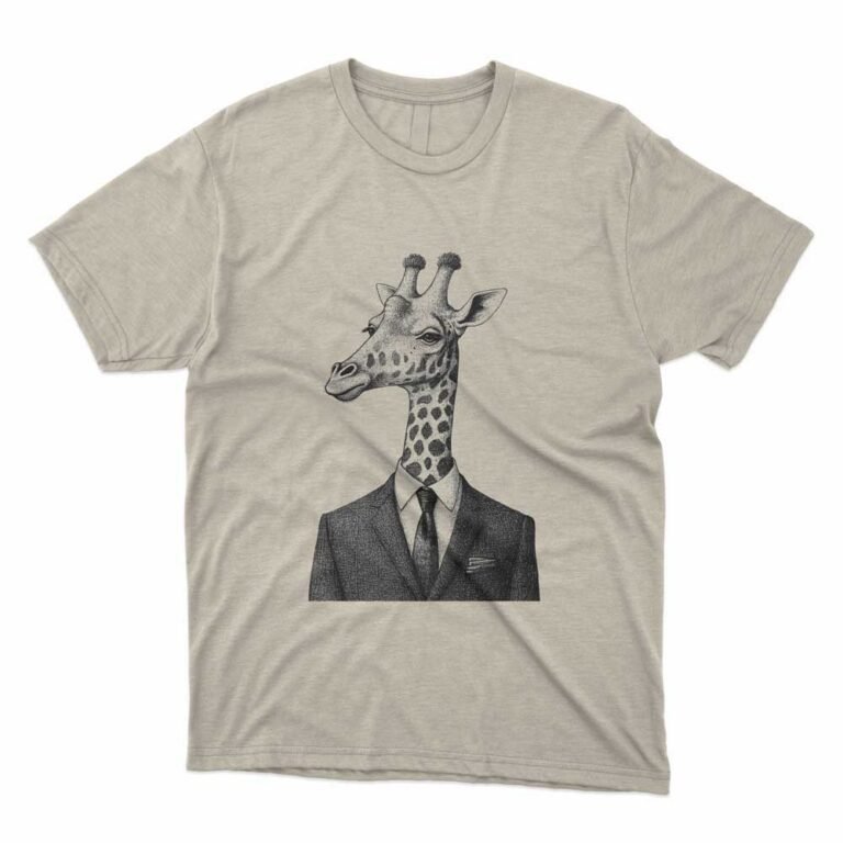 Read more about the article Giraffe in a suit Animal Portrait Vintage Drawing Monochrome T-shirt