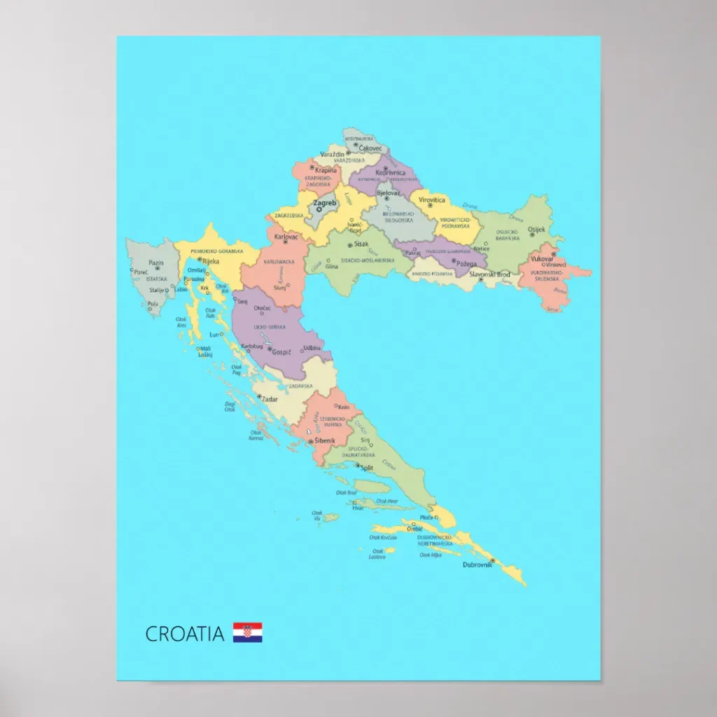 Detailed Map of Croatia Regions Poster